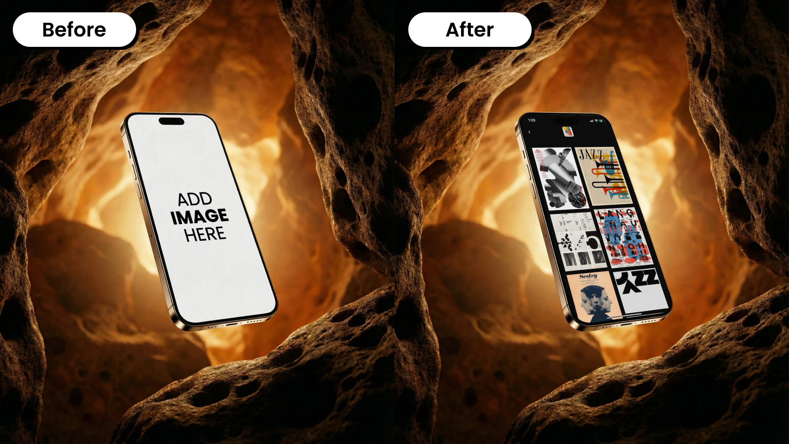  Before and after iPhone mockup template floating in a rocky cave scene